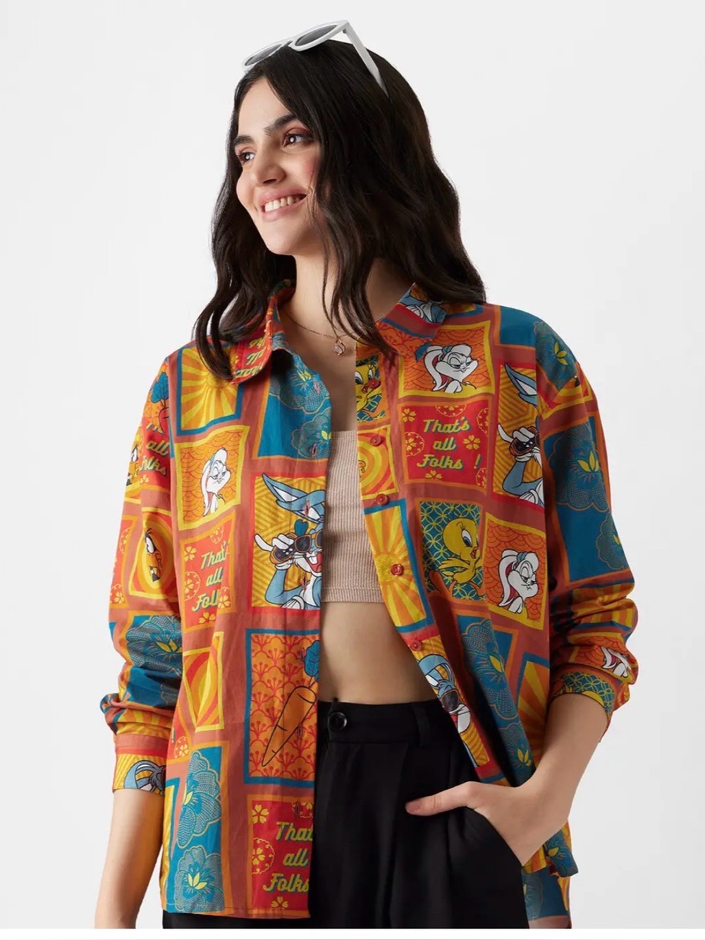 The Souled Store Women’s Looney Tunes Oversized Button Up Shirt Size L Bugs Bunn